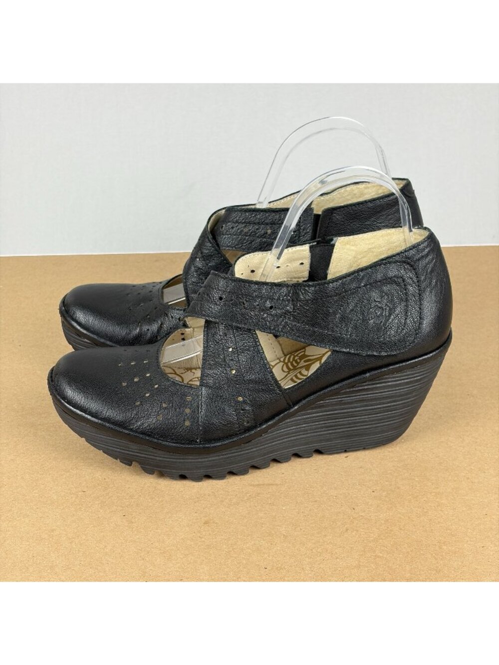 Fly London Yogo Leather Wedge Heels Womens 9/9.5 EU 40 Black Adjustable